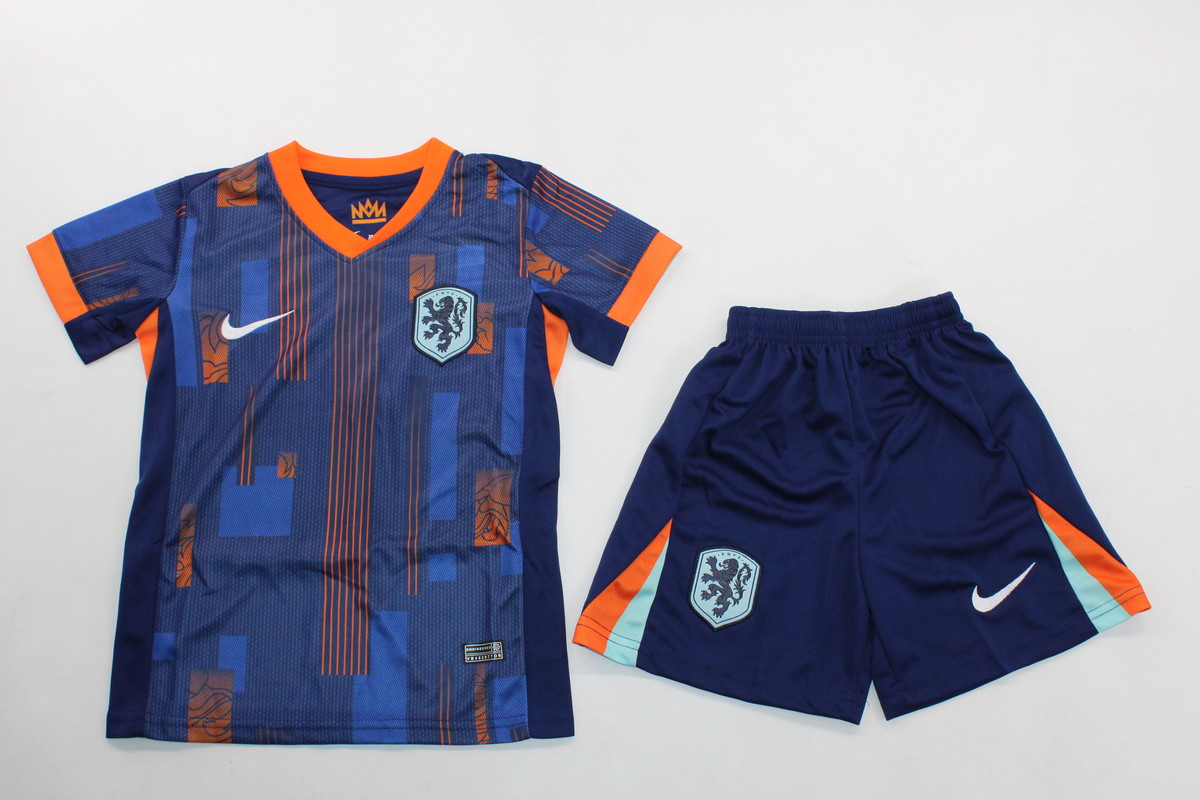 Kids-Netherlands 2024 Euro Away Dark Blue Soccer Jersey